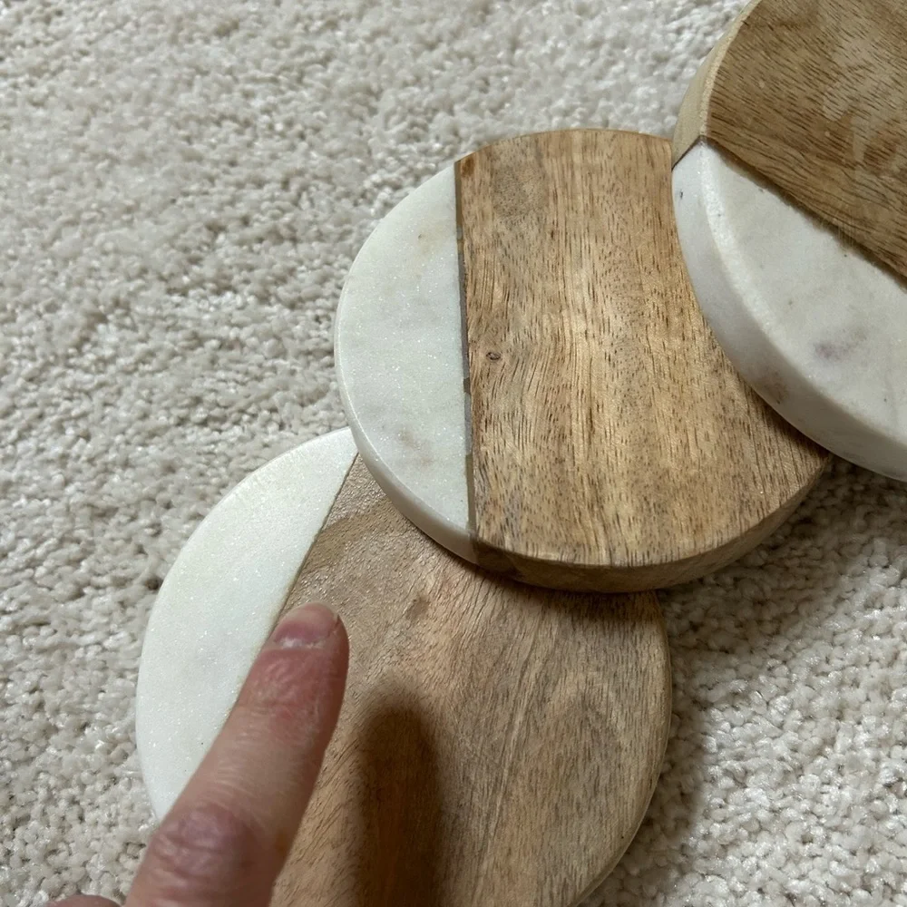 Creative Co-Op Wood and White Marble Half Moon Coasters - Set of 6